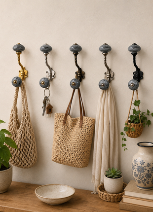 Grey Speckled Ceramic Knob With Metal Wall Hanger