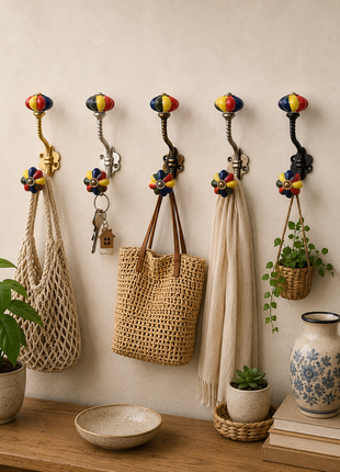 Multicolor Flower Ceramic Knob With Metal Wall Hanger