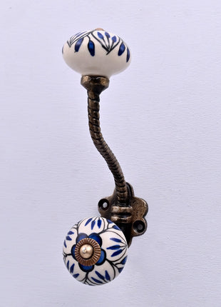 Blue Design on White Ceramic Knob With Metal Wall Hanger