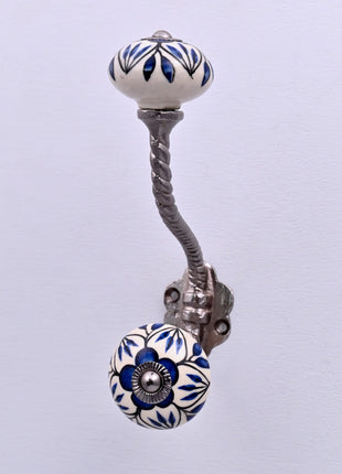 Blue Design on White Ceramic Knob With Metal Wall Hanger