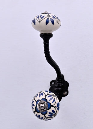 Blue Design on White Ceramic Knob With Metal Wall Hanger