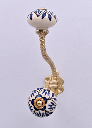 Blue Design on White Ceramic Knob With Metal Wall Hanger