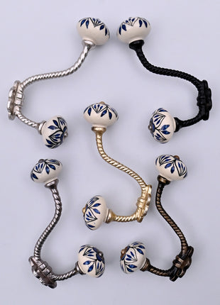 Blue Design on White Ceramic Knob With Metal Wall Hanger