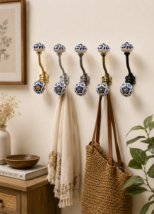 Blue Design on White Ceramic Knob With Metal Wall Hanger