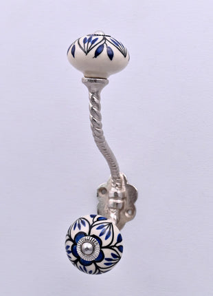 Blue Design on White Ceramic Knob With Metal Wall Hanger