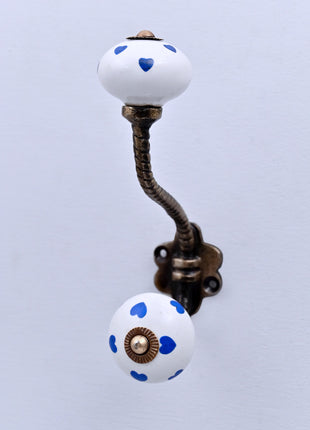 Blue Heart on White Ceramic Knob With Metal Wall Hanger