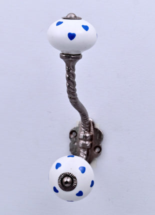 Blue Heart on White Ceramic Knob With Metal Wall Hanger