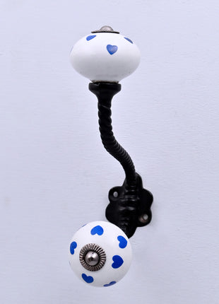 Blue Heart on White Ceramic Knob With Metal Wall Hanger