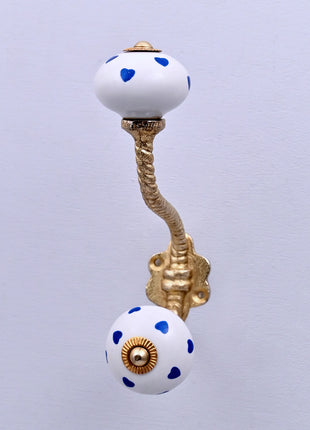 Blue Heart on White Ceramic Knob With Metal Wall Hanger