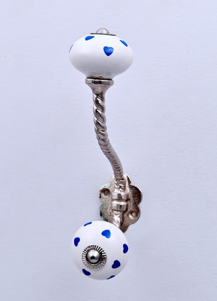 Blue Heart on White Ceramic Knob With Metal Wall Hanger