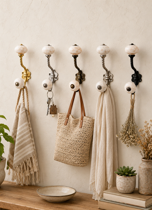 Speckled Off-White Ceramic Knob With Metal Wall Hanger