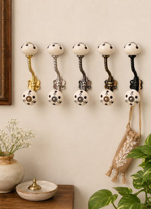Maroon Polka Dots Ceramic Knob With Metal Wall Hanger