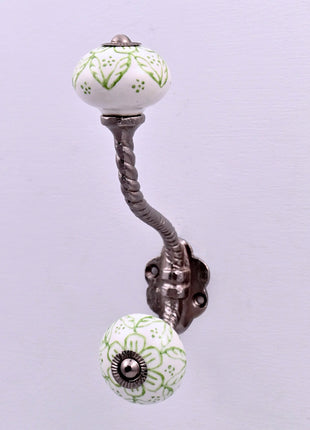 Green Floral on White Ceramic Knob With Metal Wall Hanger