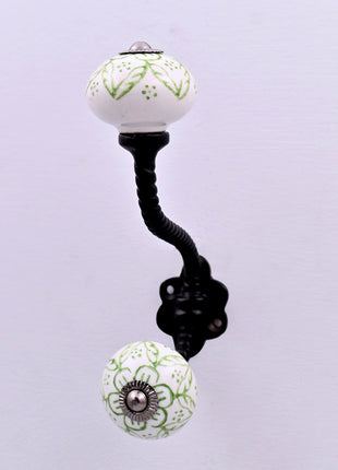 Green Floral on White Ceramic Knob With Metal Wall Hanger