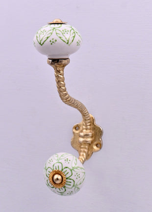 Green Floral on White Ceramic Knob With Metal Wall Hanger