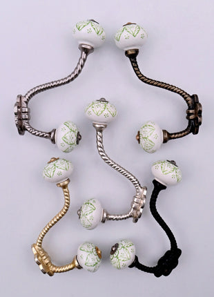 Green Floral on White Ceramic Knob With Metal Wall Hanger