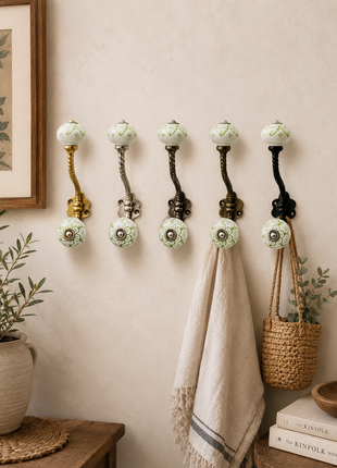 Green Floral on White Ceramic Knob With Metal Wall Hanger