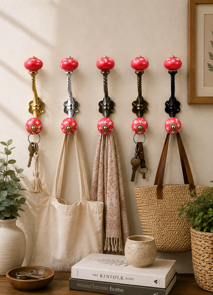 White Starburst on Red Ceramic Knob With Metal Wall Hanger