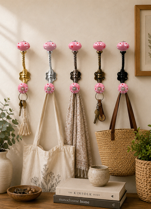 Dusty Pink Ceramic Knob With Metal Wall Hanger