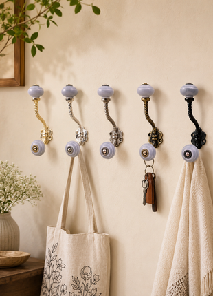 Grey Striped Ceramic Knob With Metal Wall Hanger