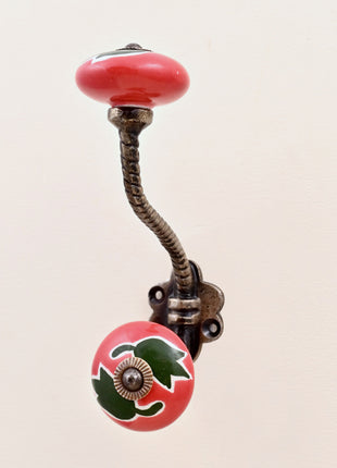 Green Leaf on Red Ceramic Knob With Metal Wall Hanger