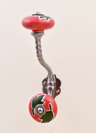 Green Leaf on Red Ceramic Knob With Metal Wall Hanger