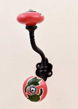 Green Leaf on Red Ceramic Knob With Metal Wall Hanger