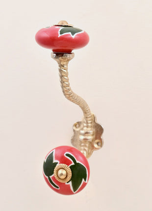 Green Leaf on Red Ceramic Knob With Metal Wall Hanger