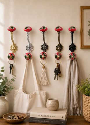 Green Leaf on Red Ceramic Knob With Metal Wall Hanger