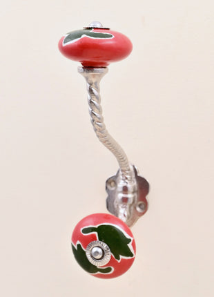Green Leaf on Red Ceramic Knob With Metal Wall Hanger