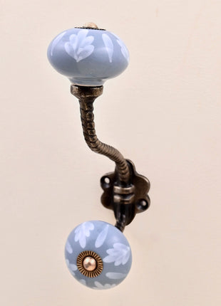 Soft Grey Floral Ceramic Knob With Metal Wall Hanger