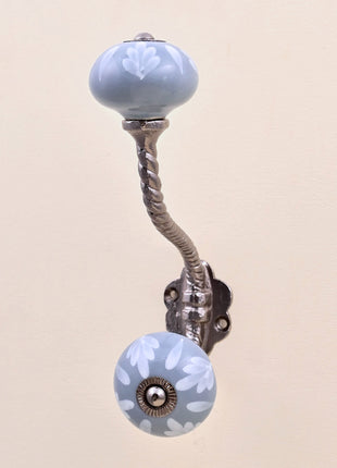 Soft Grey Floral Ceramic Knob With Metal Wall Hanger