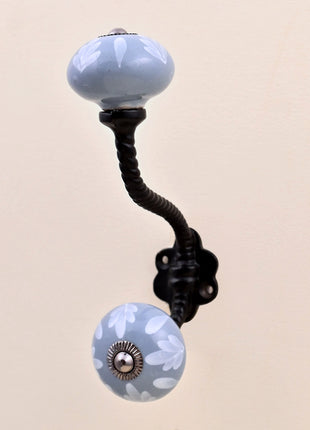 Soft Grey Floral Ceramic Knob With Metal Wall Hanger