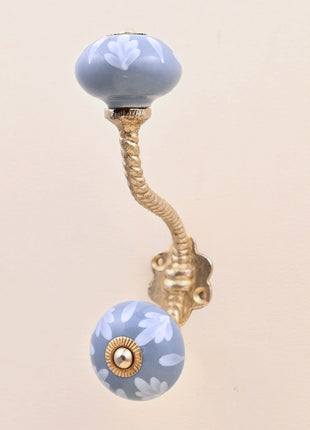 Soft Grey Floral Ceramic Knob With Metal Wall Hanger