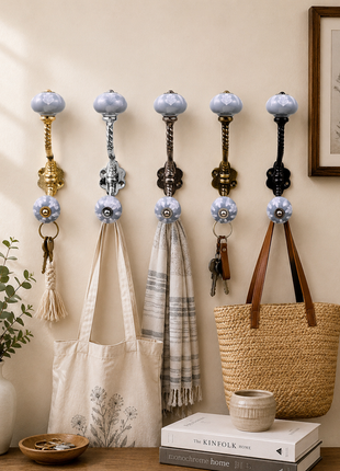 Soft Grey Floral Ceramic Knob With Metal Wall Hanger