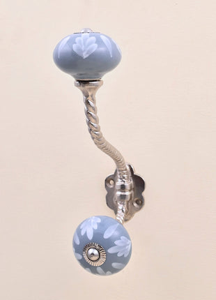 Soft Grey Floral Ceramic Knob With Metal Wall Hanger