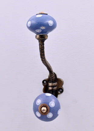 White Polka Dots on Blue Ceramic Knob With Metal Wall Hanger