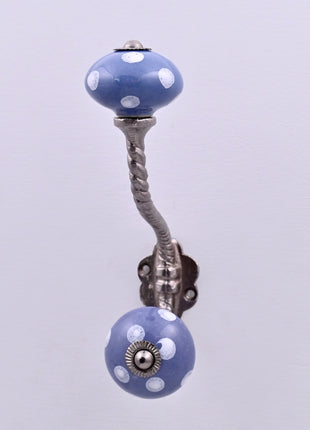 White Polka Dots on Blue Ceramic Knob With Metal Wall Hanger