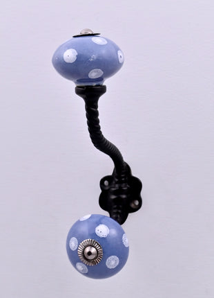 White Polka Dots on Blue Ceramic Knob With Metal Wall Hanger
