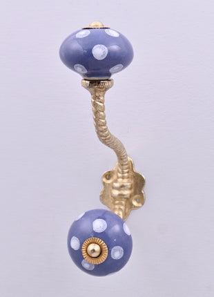White Polka Dots on Blue Ceramic Knob With Metal Wall Hanger