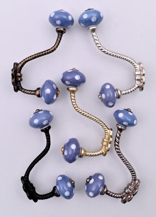 White Polka Dots on Blue Ceramic Knob With Metal Wall Hanger