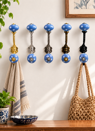 White Polka Dots on Blue Ceramic Knob With Metal Wall Hanger