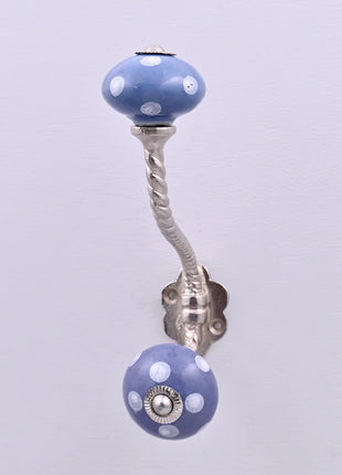 White Polka Dots on Blue Ceramic Knob With Metal Wall Hanger