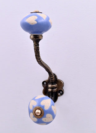 Beige Heart on Blue Ceramic Knob With Metal Wall Hanger