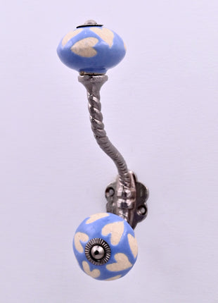 Beige Heart on Blue Ceramic Knob With Metal Wall Hanger