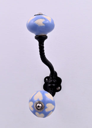 Beige Heart on Blue Ceramic Knob With Metal Wall Hanger