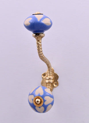 Beige Heart on Blue Ceramic Knob With Metal Wall Hanger