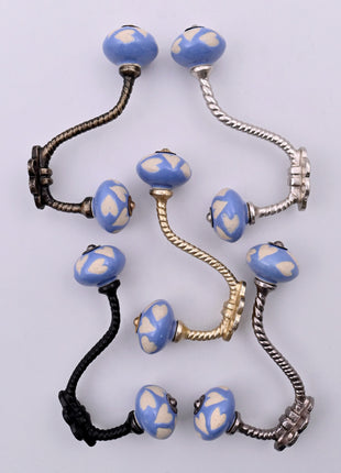 Beige Heart on Blue Ceramic Knob With Metal Wall Hanger