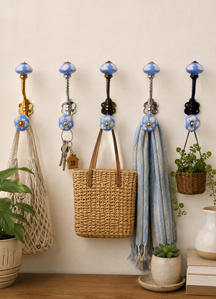Beige Heart on Blue Ceramic Knob With Metal Wall Hanger