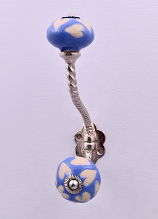 Beige Heart on Blue Ceramic Knob With Metal Wall Hanger